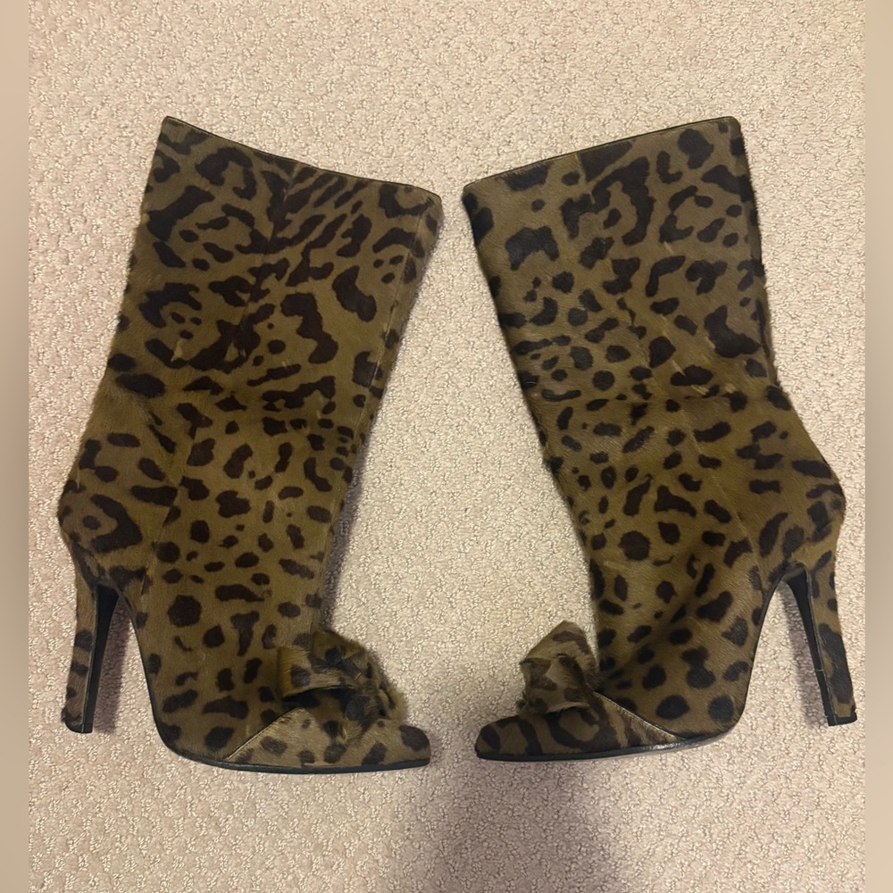 Roberto Cavalli Leopard Calf Hair Peep Toe Boots Size 37 Made in Italy